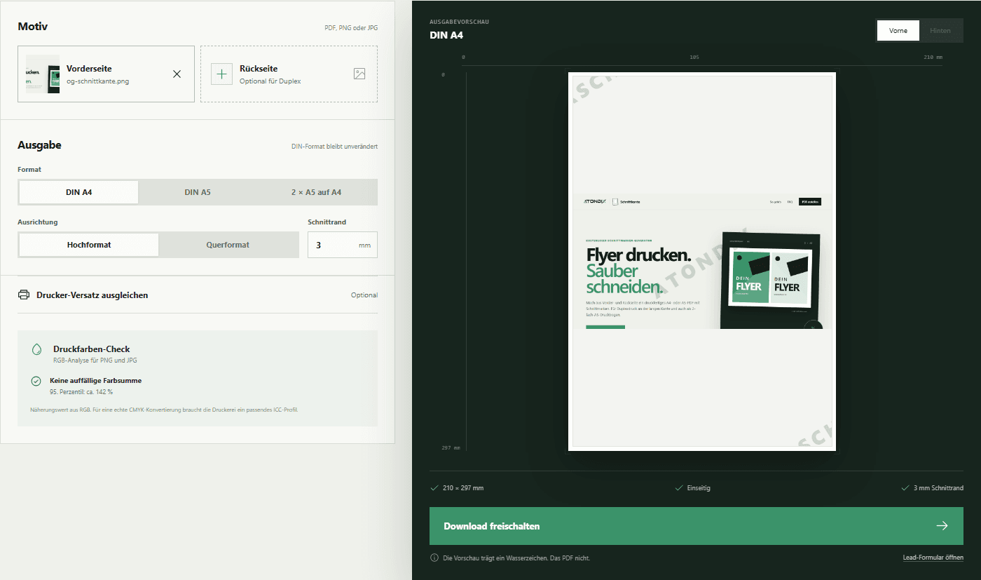 Schnittmarken-PDF Werkzeug mit Einstellungen und Druckvorschau